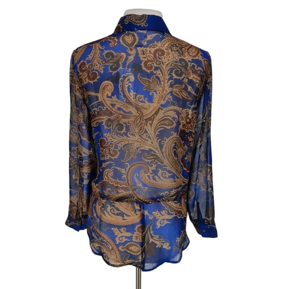 CHICO'S Women Royal Ravish Elenor Long SL Pattern Blue Grotto Size 8 Sheer A11A - Picture 3 of 7